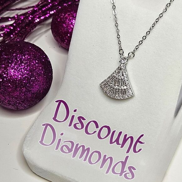 925 Sterling Fan Shaped Clear White Diamond Pendant Necklace - Women's